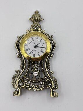Small Vintage Gold & Brass Jeweled Victorian Mantel Clock 4" Cogsworth Quartz